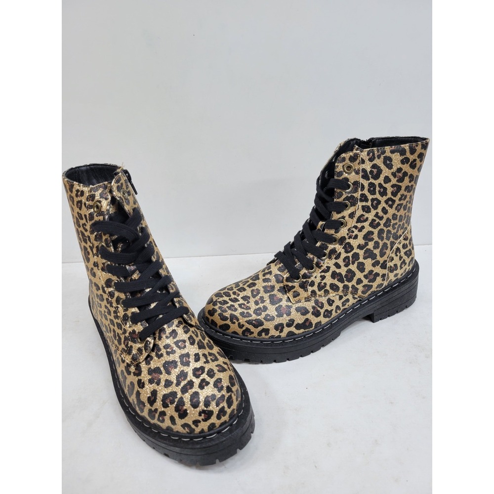 True Craft Women's Gold Glitter Leopard Print Combat Boots Lace Up Side Zip Size